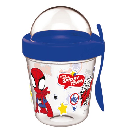 Spiderman Spidey lonček z držalom za prigrizke, pokrovom in žličko 350 ml Spiderman Spidey lonček z držalom za prigrizke, pokrovom in žličko 350 ml