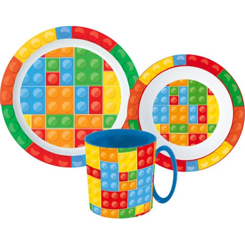 Jedilni set Bricks Bricks z vzorcem Lego, mikroplastični set s skodelico 350 ml Jedilni set Bricks Bricks z vzorcem Lego, mikroplastični set s skodelico 350 ml
