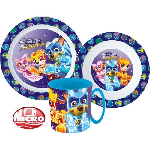 Jedilni set Paw Patrol Mighty Pups, mikroplastični set s skodelico 350 ml Jedilni set Paw Patrol Mighty Pups, mikroplastični set s skodelico 350 ml