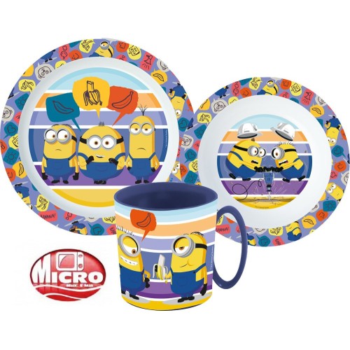 Jedilni set Minions Striped, mikroplastika s 350 ml skodelico Jedilni set Minions Striped, mikroplastika s 350 ml skodelico