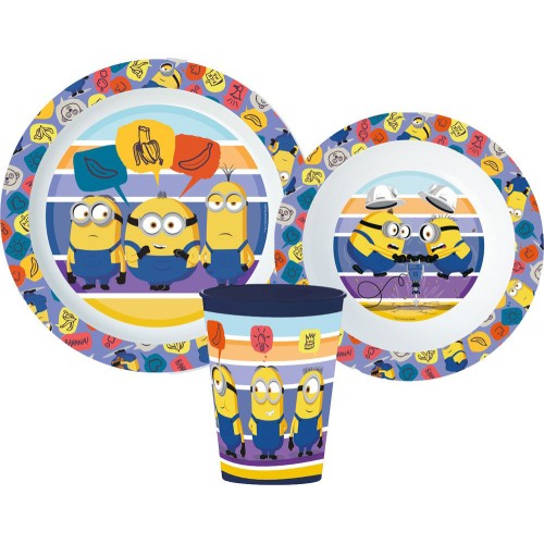 Jedilni set Minions Striped, mikroplastični set, s skodelico 260 ml