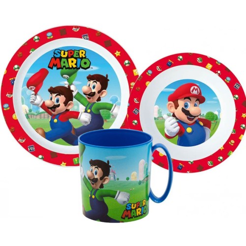 Jedilni set Super Mario Mushroom Kingdom, mikroplastični set s skodelico 350 ml Jedilni set Super Mario Mushroom Kingdom, mikroplastični set s skodelico 350 ml