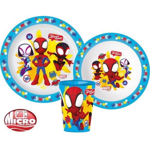 Jedilni set Spiderman Spidey Team, mikroplastični set, s skodelico 260 ml Jedilni set Spiderman Spidey Team, mikroplastični set, s skodelico 260 ml